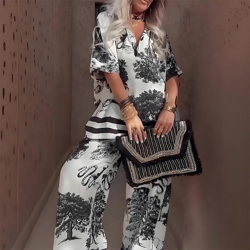 2-teiliges set | v-neck kurzarm-top & weite hose