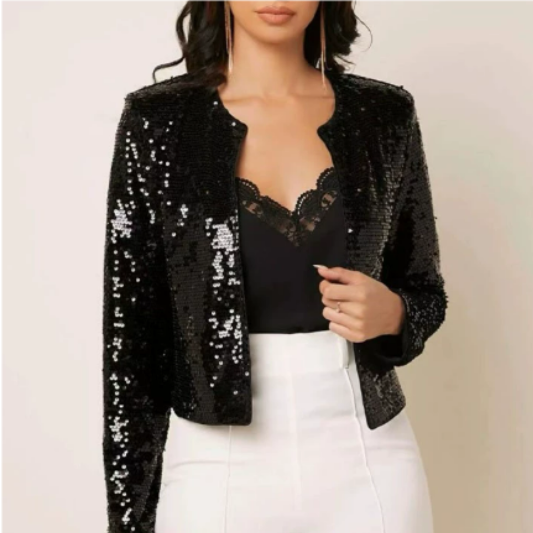 Damen Blazer mit Pailletten und Reißverschluss | Kurz