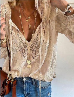 Damen Boho-Bluse im Vintage-Stil mit Spitzenakzenten