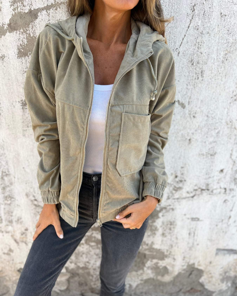 Damen Cordjacke mit Kapuze | Mit Reißverschluss