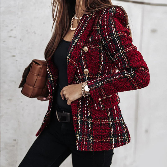 Damen Blazer mit Karomuster und langen Ärmeln