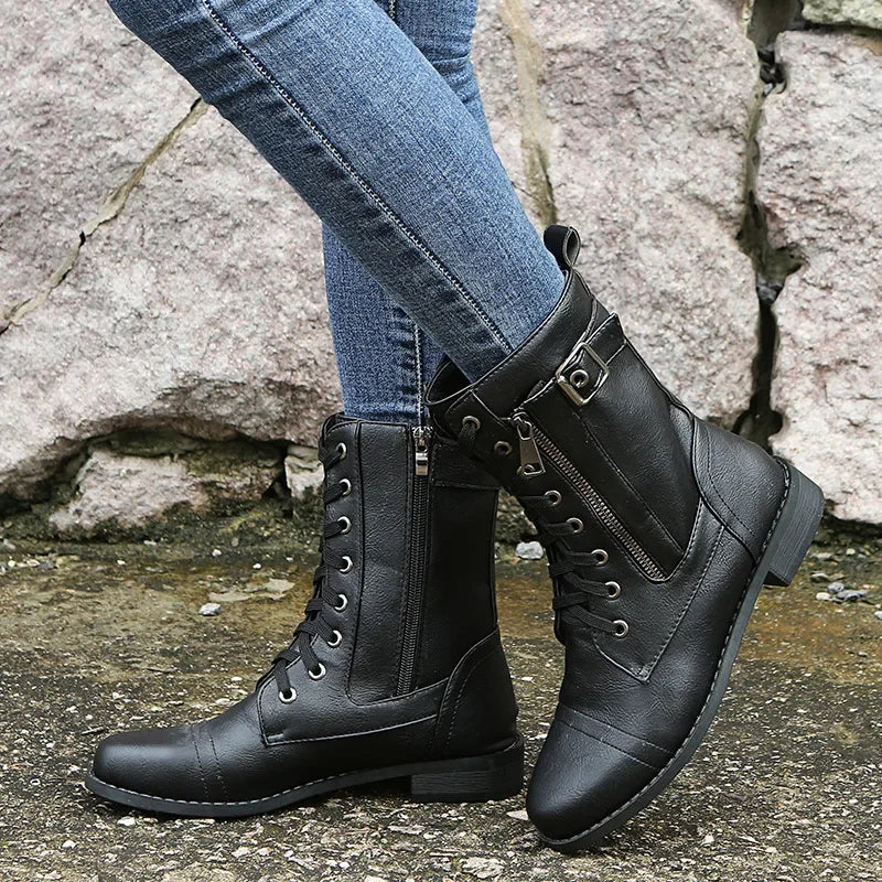 Damen Combat Boots – Schnallenriemen | Reißverschluss | Profilsohle | Robust & Stilvoll