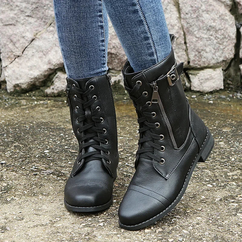 Damen Combat Boots – Schnallenriemen | Reißverschluss | Profilsohle | Robust & Stilvoll