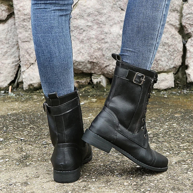 Damen Combat Boots – Schnallenriemen | Reißverschluss | Profilsohle | Robust & Stilvoll