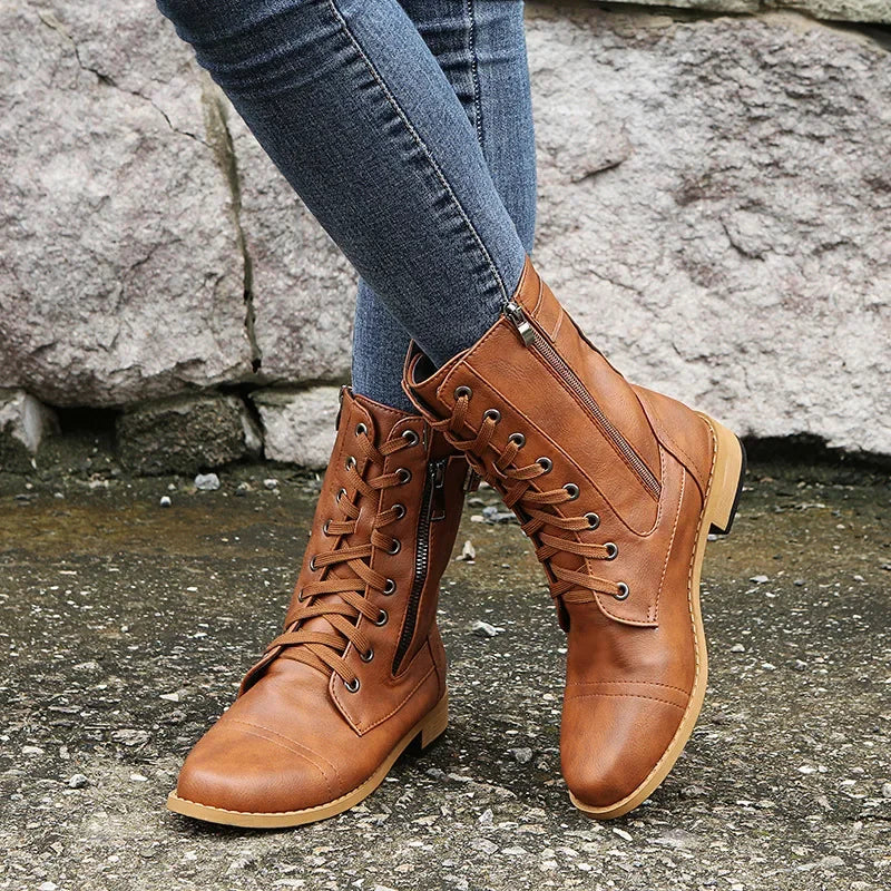 Damen Combat Boots – Schnallenriemen | Reißverschluss | Profilsohle | Robust & Stilvoll