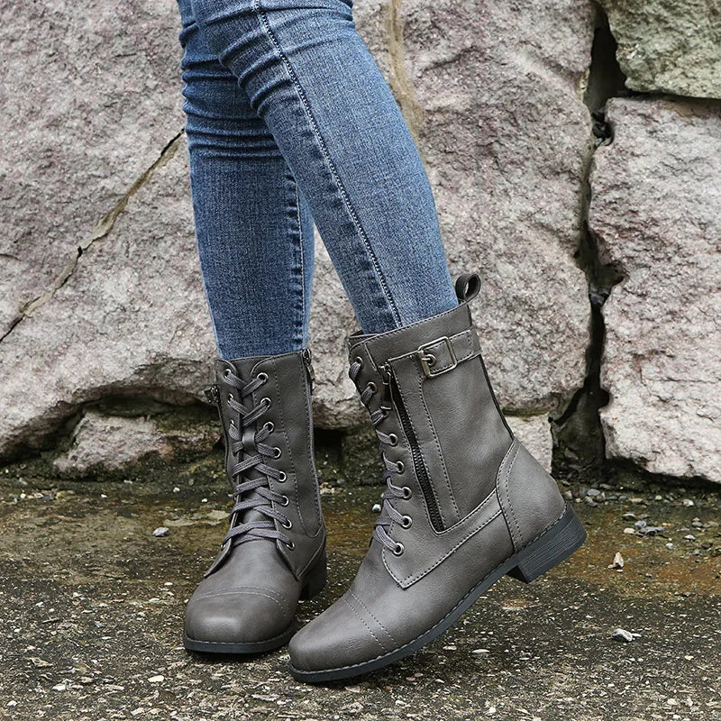 Damen Combat Boots – Schnallenriemen | Reißverschluss | Profilsohle | Robust & Stilvoll