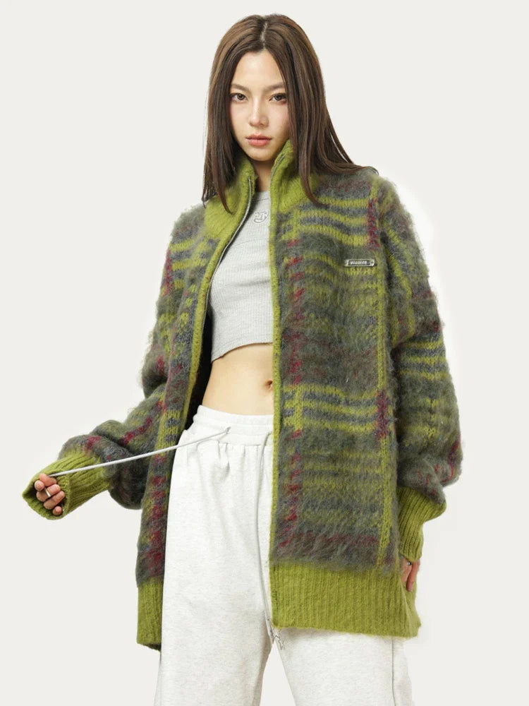 Karo-Strickpullover mit Reißverschluss – Oversized Fit