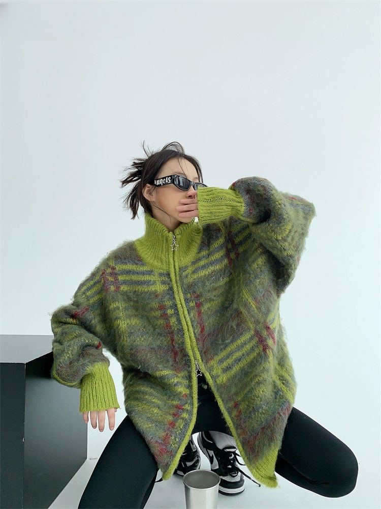 Karo-Strickpullover mit Reißverschluss – Oversized Fit